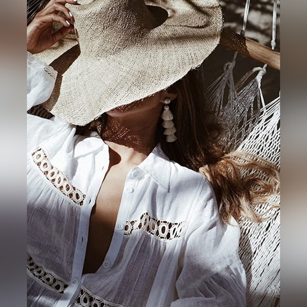 New Beachy Open Cut Out Tunic Button Up Cover Up Top Dress White - Picture 3 of 13